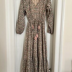 Roller Rabbit Beige Floral Long Sleeve Tassel Angelica Maxi Dress